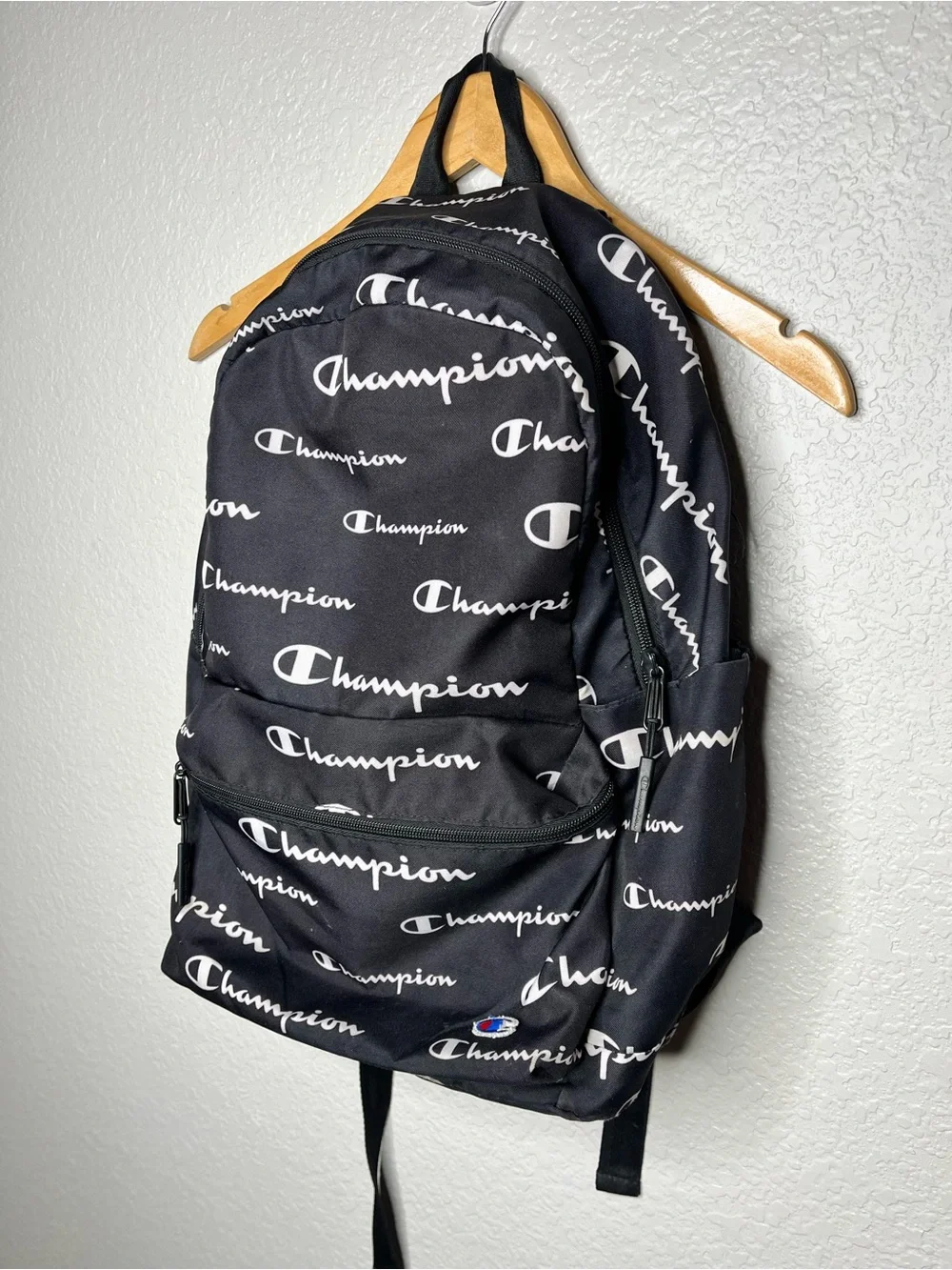Champion‎ All Over Logo Print Backpack Black White School Travel Gym Bag